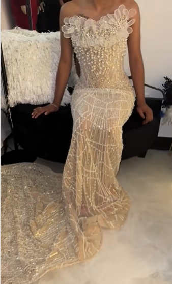 Luxurious Champagne Gold Strapless 3D Floral Beaded Sequin Tulle Train Long Prom Dress Evening Dress cc5576