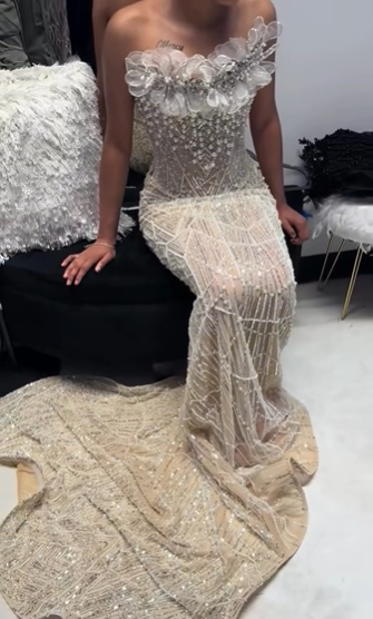 Luxurious Champagne Gold Strapless 3D Floral Beaded Sequin Tulle Train Long Prom Dress Evening Dress cc5576