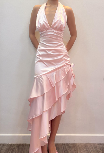 Sweet Pink Halter V-Neck Bow Ruffle Satin Prom Prom Birthday Dress cc5619