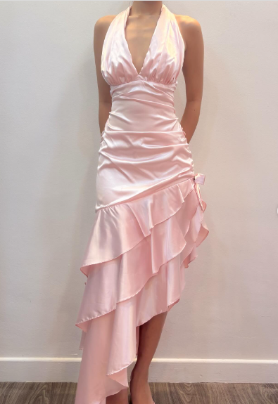 Sweet Pink Halter V-Neck Bow Ruffle Satin Prom Prom Birthday Dress cc5619