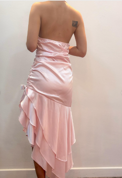 Sweet Pink Halter V-Neck Bow Ruffle Satin Prom Prom Birthday Dress cc5619