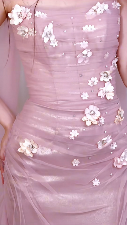 (Includes matching scarf) Romantic Pink Strapless Ruched Tulle Dress with 3D Floral Bead Embellishments Floor-Length Wedding Guest Gown gh7105