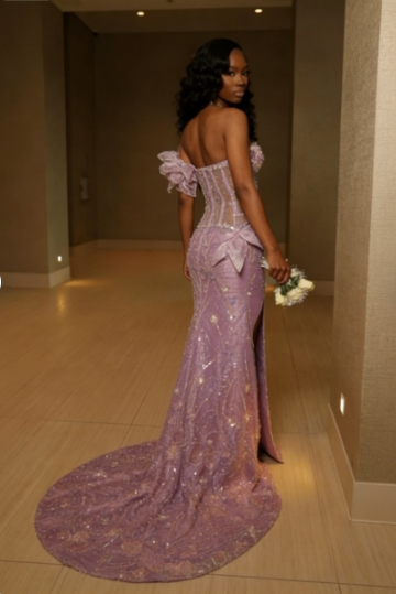 Luxurious Purple Beaded Sequin 3D Flower High Slit Tulle Train Prom Dress Evening Dress cc5599