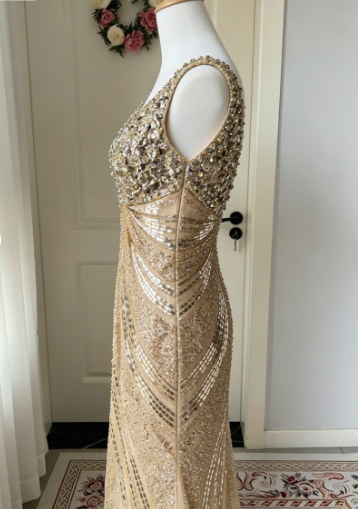 Luxurious Gold V-neck Mermaid Sequined Long Prom Dress Evening Dress cc5349