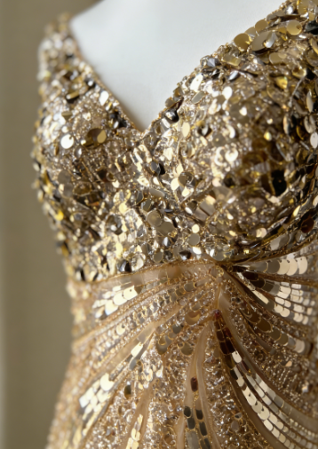 Luxurious Gold V-neck Mermaid Sequined Long Prom Dress Evening Dress cc5349