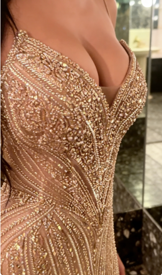 Luxurious Sparkling Champagne V-Neck Beaded Sequin Mermaid Tulle Train Prom Dress Evening Dress cc5597