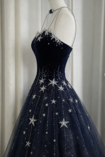Dreamy Starry Night Navy Blue Star Beaded Tulle Long Prom Dress Evening Dress cc5633