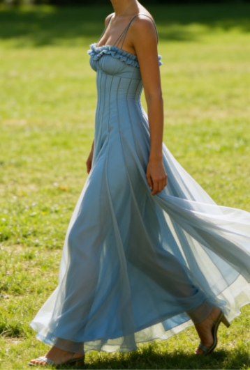 Vintage Blue Tulle A Line Party Gown,Spaghetti Straps Prom Evening Dress cc2660
