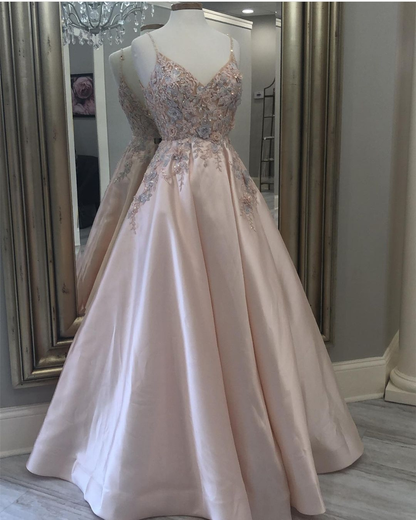 Long Satin Prom Dresses with Appliques Lace Evening Gowns Formal Wear gh2480