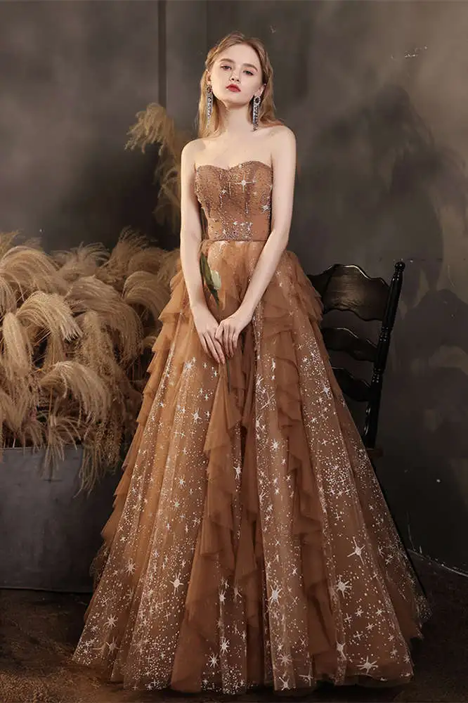 Champagne shiny elegant layered long tulle ball gown evening dress gh2226