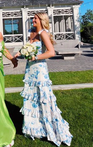 Blue elegant A-line layered chiffon floral backless long ball gown evening dress prom dress Graduation Dress gh2798