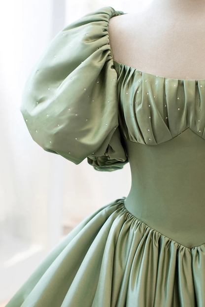 Green Satin Puff Sleeves Long Prom Dress, Green A-Line Formal Dress gh2579