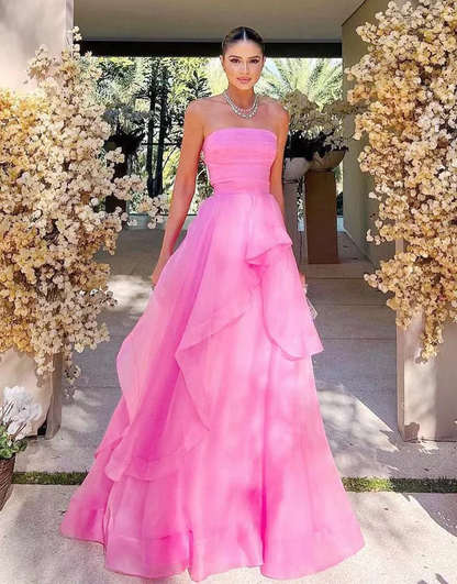 Light pink A-line off-shoulder long ruffled elegant tulle ball gown evening dress gh2684