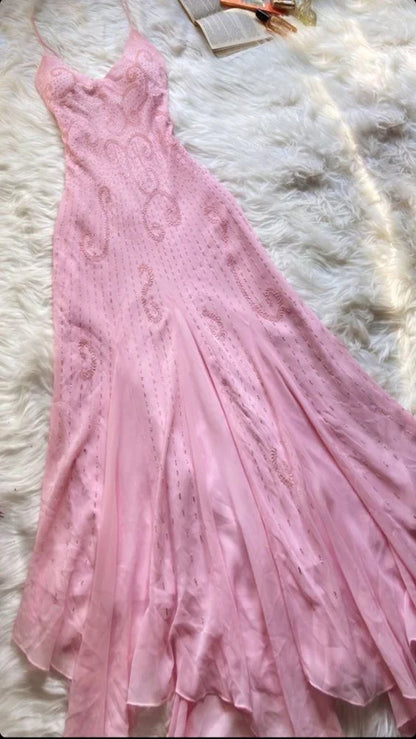 Pink spaghetti strap beaded A-line long elegant ball gown evening dress party dress gh2927