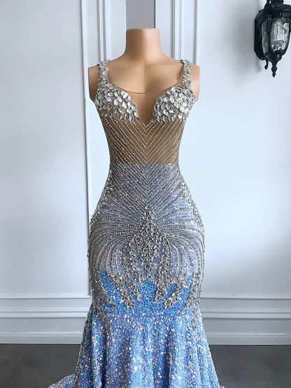 Light blue luxury gorgeous sparkling exquisite beading long floor-length ball gown mermaid slim silver crystal evening dress gh2656