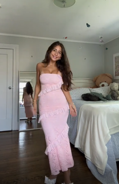 Classy Pink Strapless Lace Ruffles Party Dress Formal Prom Evening Gown cc2317