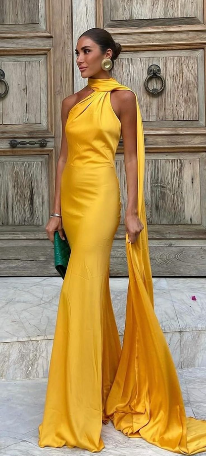 Sexy Halter Yellow Satin Backless Mermaid Evening Dress,Long Party Dress cc2900