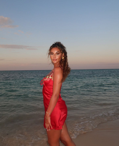 Pretty Spaghetti Straps Red Satin Appliques Short Party Dress Graduation Homecoming Dress cc3390