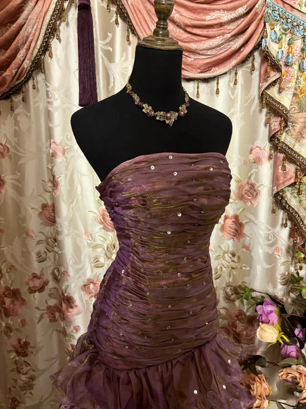 Purple & Brown Gradient Bandeau Layered Dress: Sequin Decoration, Waist-cinched Mermaid, Retro Banquet Heavy-duty Maxi Dress gh6589