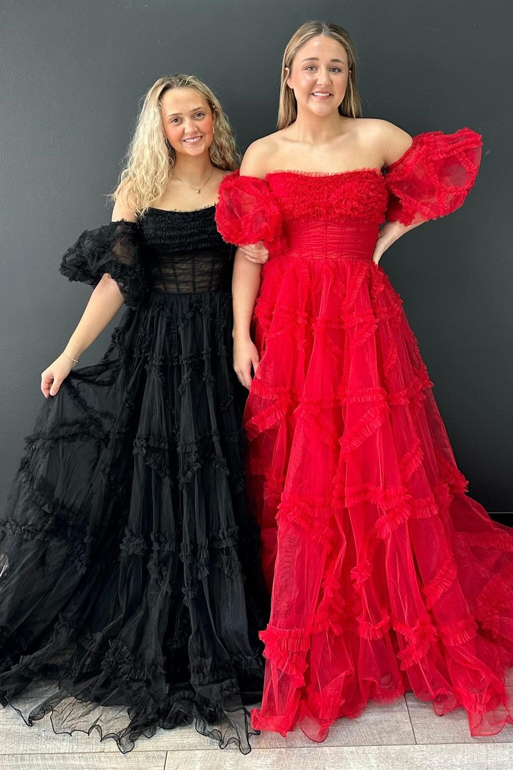 Magenta Strapless Ruffles A-Line Long Formal Dress with Puff Sleeves
