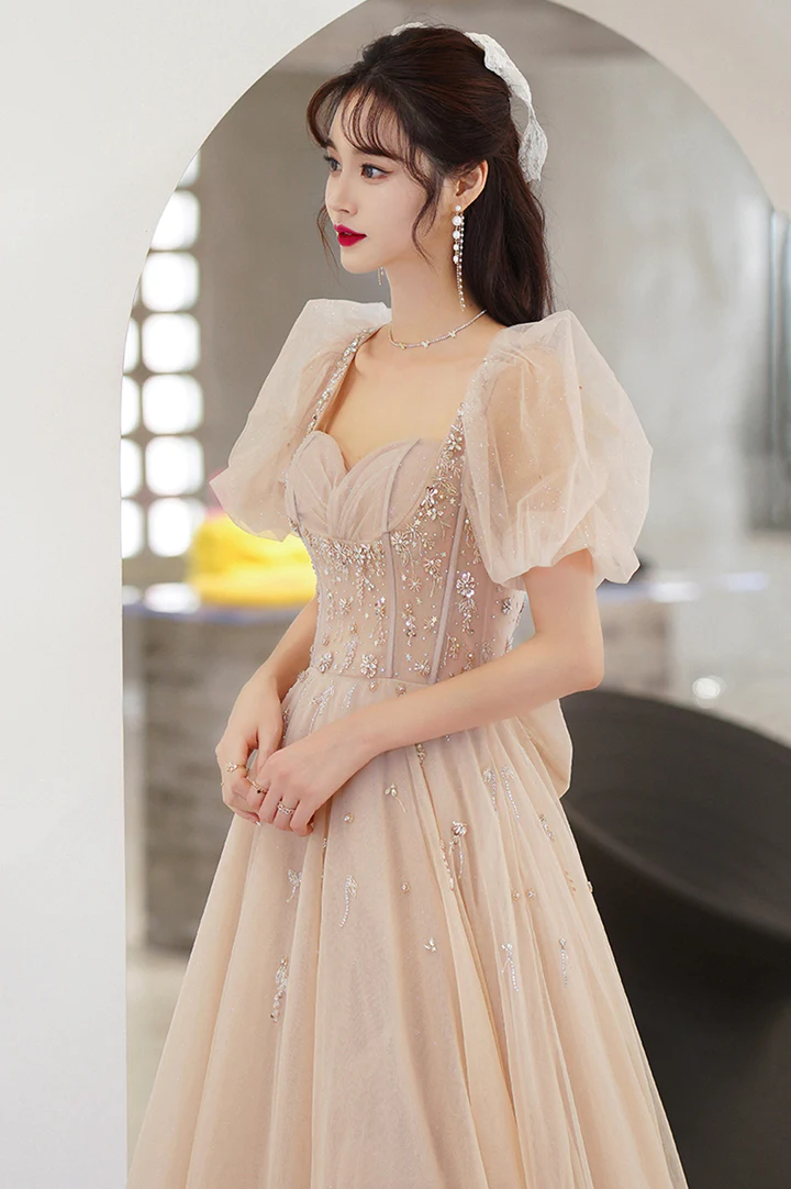 Cute tulle beads long prom dress A line evening gown c2948