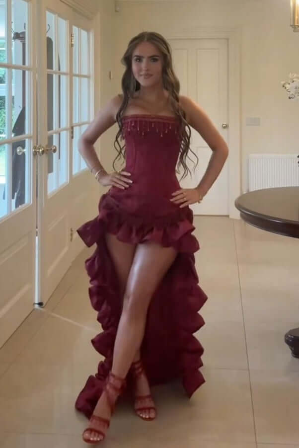 Unique High Low Strapless Burgundy Long Prom Dresses with Tassel Ruffles