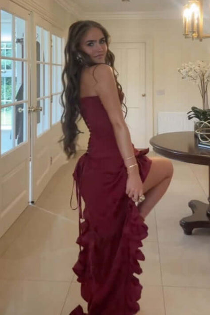 Unique High Low Strapless Burgundy Long Prom Dresses with Tassel Ruffles