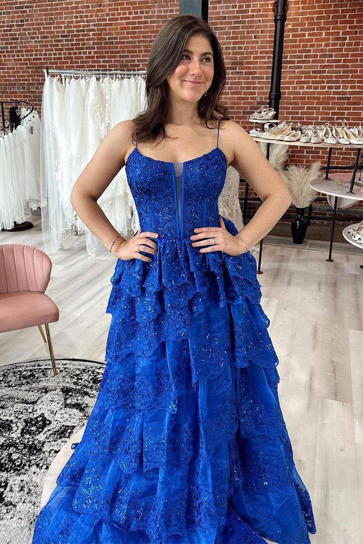 Royal Blue Straps Tiered A-Line Prom Dress with Sequins  cc738
