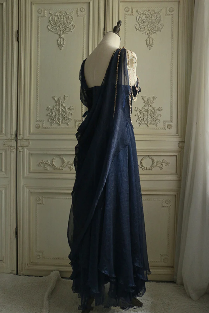Unique Navy Blue Chiffon Party Dress,A Line Evening Dress cc2720