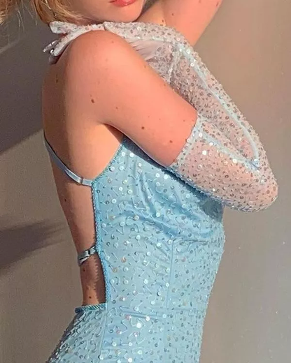 Sexy Blue Sequins Backless Mini Party Dress with Gloves c2857