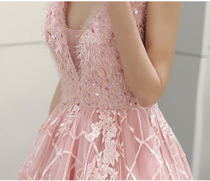 Pink V-Neckline Tulle Lace High Low Party Dress, Pink Formal Dress Homecoming Dress c2976