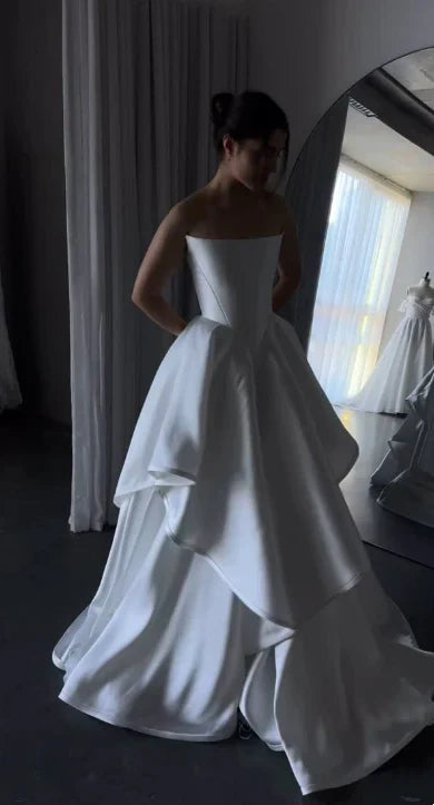 Girlhomeshops-White satin off-the-shoulder long floor-length wedding dress prom dress gh5394
