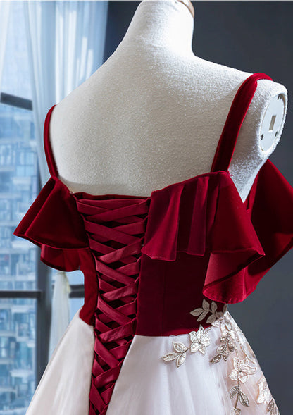 Vintage Red Straps Tulle Formal Dress, Elegant Applique Prom Dress C1683
