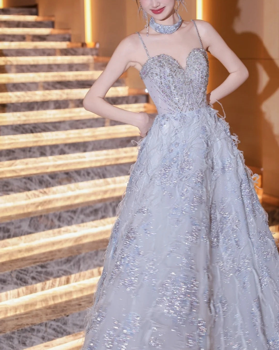 Girlhomeshops-Blue fashion beaded elegant long tulle ball gown evening dress gh5075