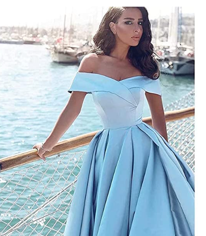 A-Line Off Shoulder Court Train Satin Elegant Formal Prom Dress C909
