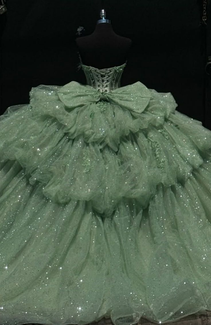 Fairy Green Tulle Sequins Appliques Quinceanera Dress Strapless Ball Gown With Bow cc2389