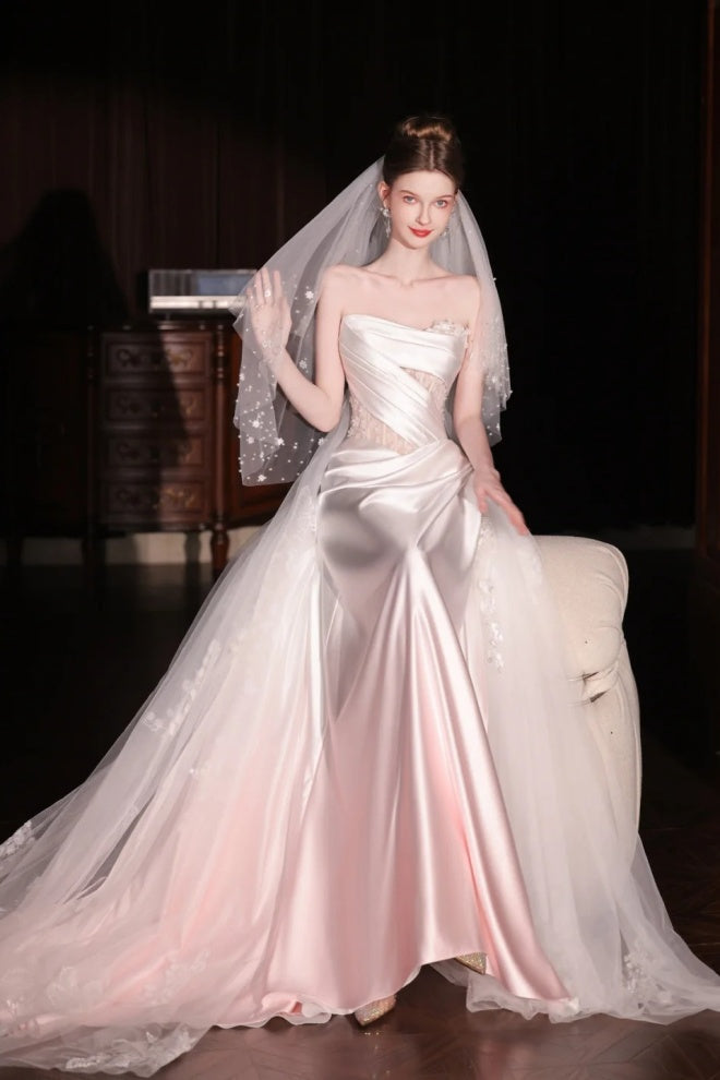 Pink gradient satin lace long tulle wedding dress gh6847