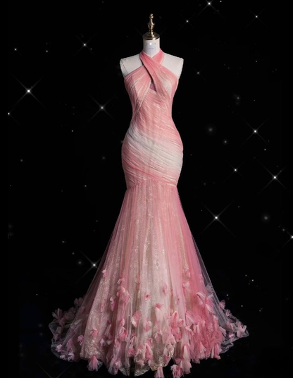Pink Halter Tulle Lace Appliques Prom Dress Long Mermaid Evening Dress cc2458