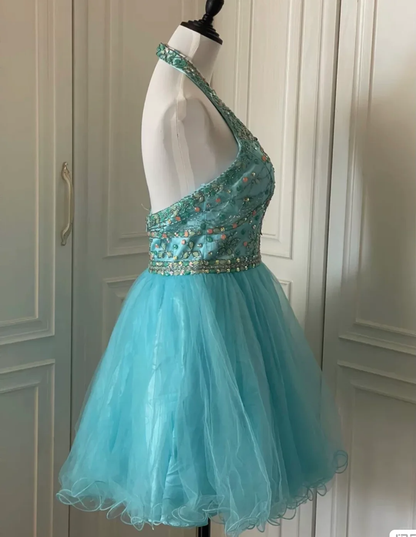 Vintage Blue Halter Tulle Beaded A Line Short Party Dress Formal Homecoming Dress cc3174