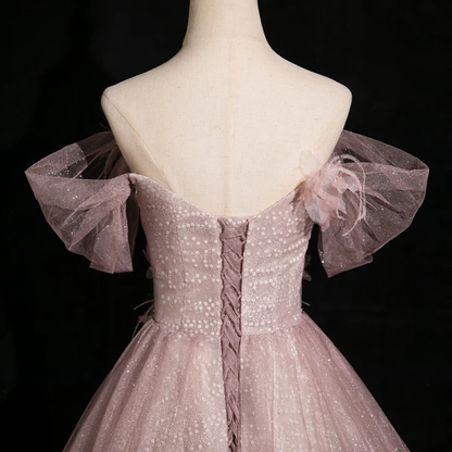 Pink Tulle Sequins Off the Shoulder Butterfly Flower Prom Dress Sweet Ball Gown cc2431
