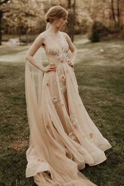 A-line 3D Flower Colorful V Neck Tulle Forest Wedding Dresses