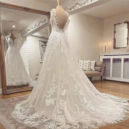 A-Line Bohemian 3D Floral Backless Wedding Dress