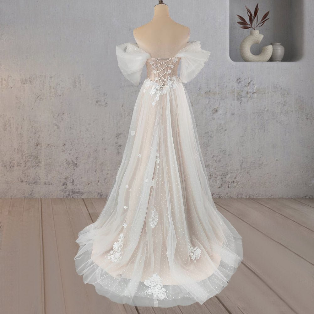 A-Line Floral Appliques Polka Dots Wedding Dress with Slit