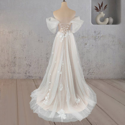 A-Line Floral Appliques Polka Dots Wedding Dress with Slit