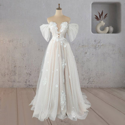 A-Line Floral Appliques Polka Dots Wedding Dress with Slit