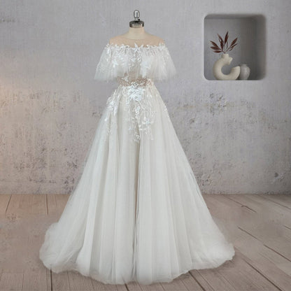A-Line Lace Button Covered Back Tulle Wedding Dress