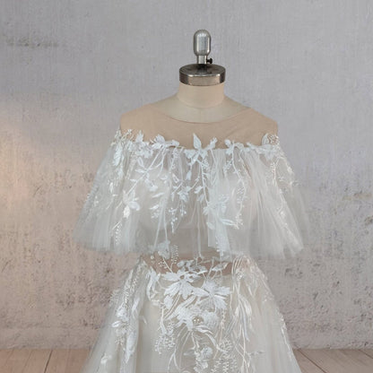 A-Line Lace Button Covered Back Tulle Wedding Dress