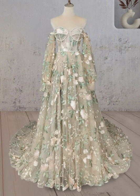 A-Line Light Green Sweetheart Pearl Wedding Dress