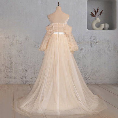 A-Line Off-the-Shoulder Long Sleeve Champagne Wedding Dress