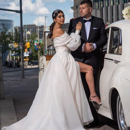 A-Line Off the Shoulder White Wedding Dress with Slit